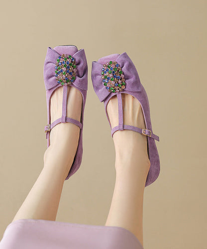 Purple Buckle Strap Chunky Suede Bow Zircon Splicing High Heels