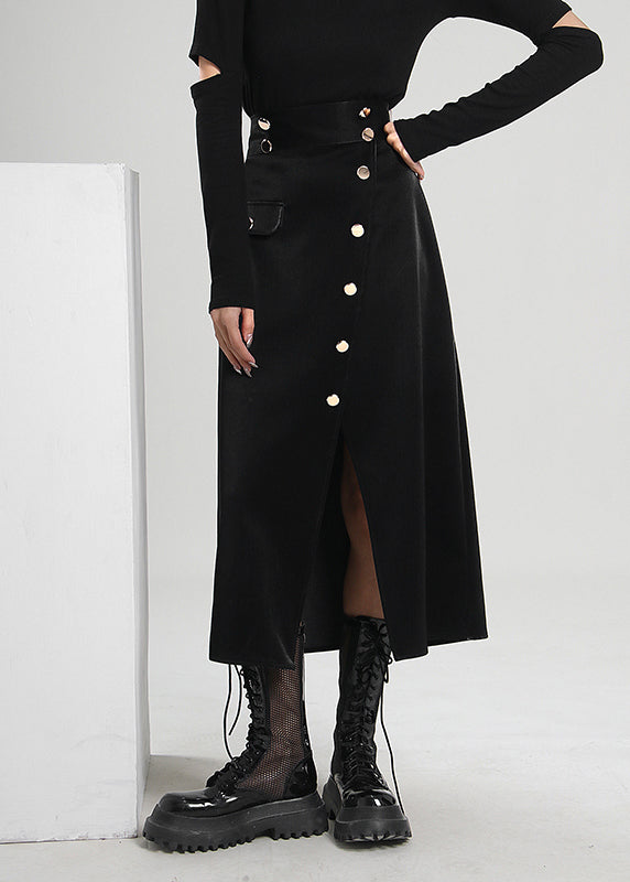 Black Asymmetrical Button Corduroy Skirt Spring