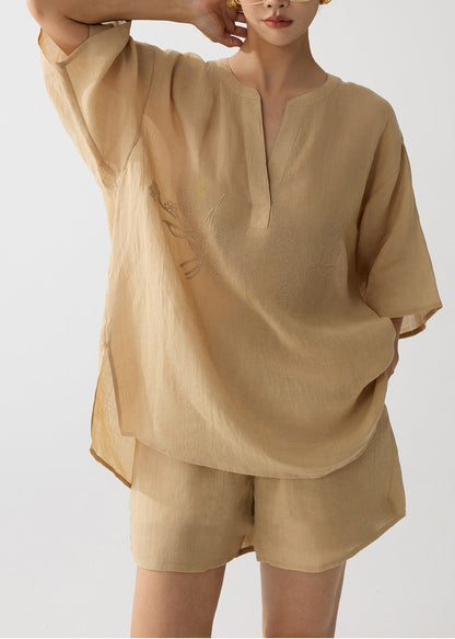 Coffee Embroidered Linen Two Pieces Set Summer
