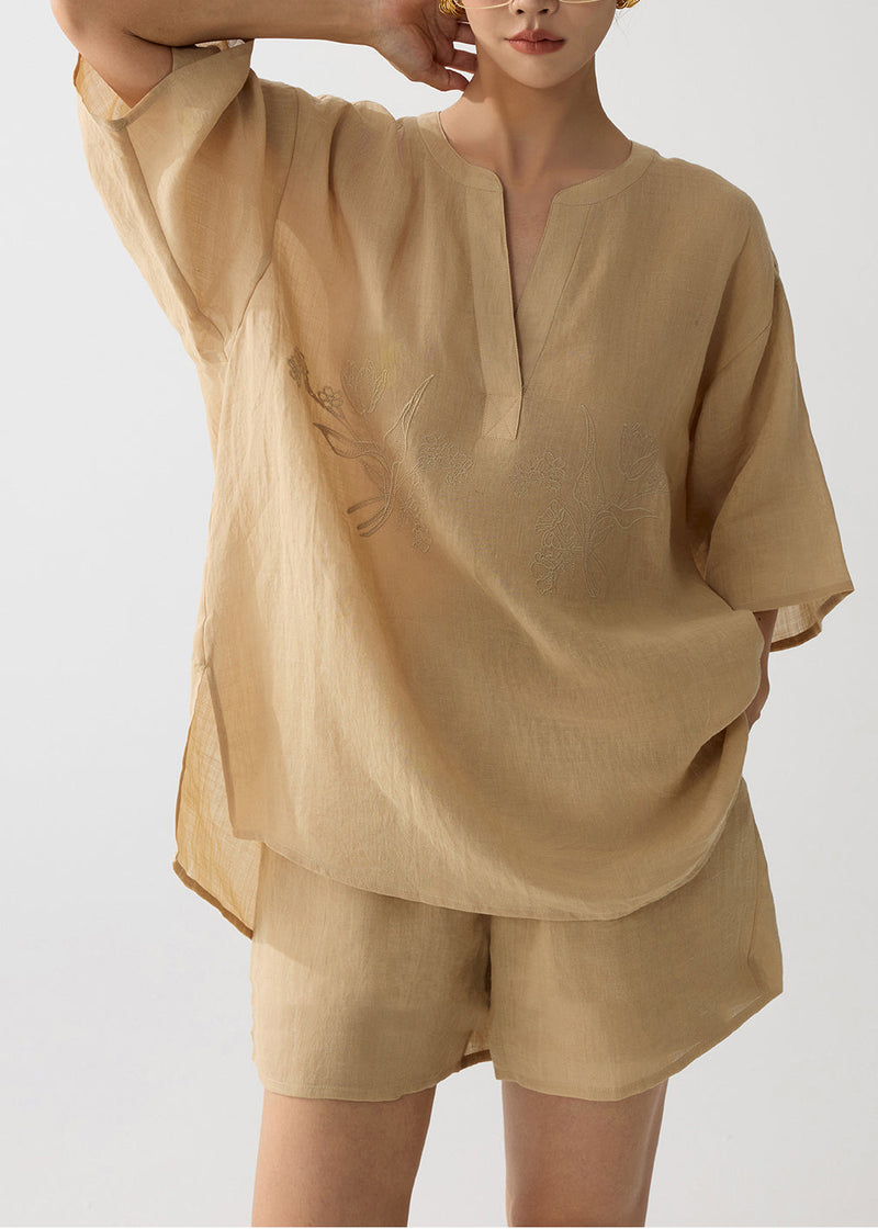 Coffee Embroidered Linen Two Pieces Set Summer