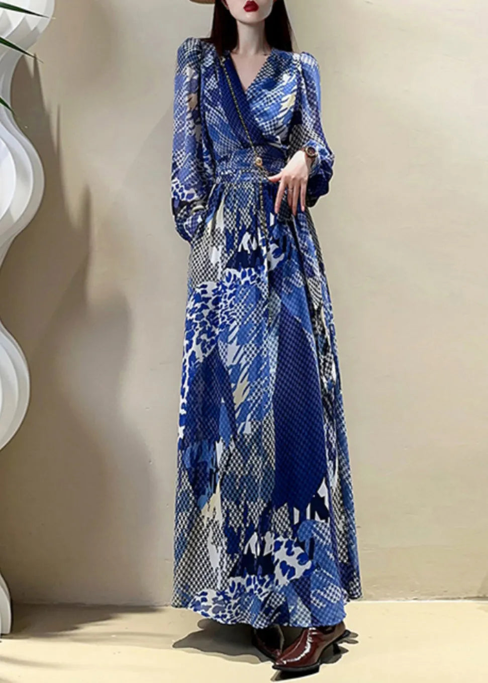 Blue V Neck Print Drawstring Maxi Dress Lantern Sleeve