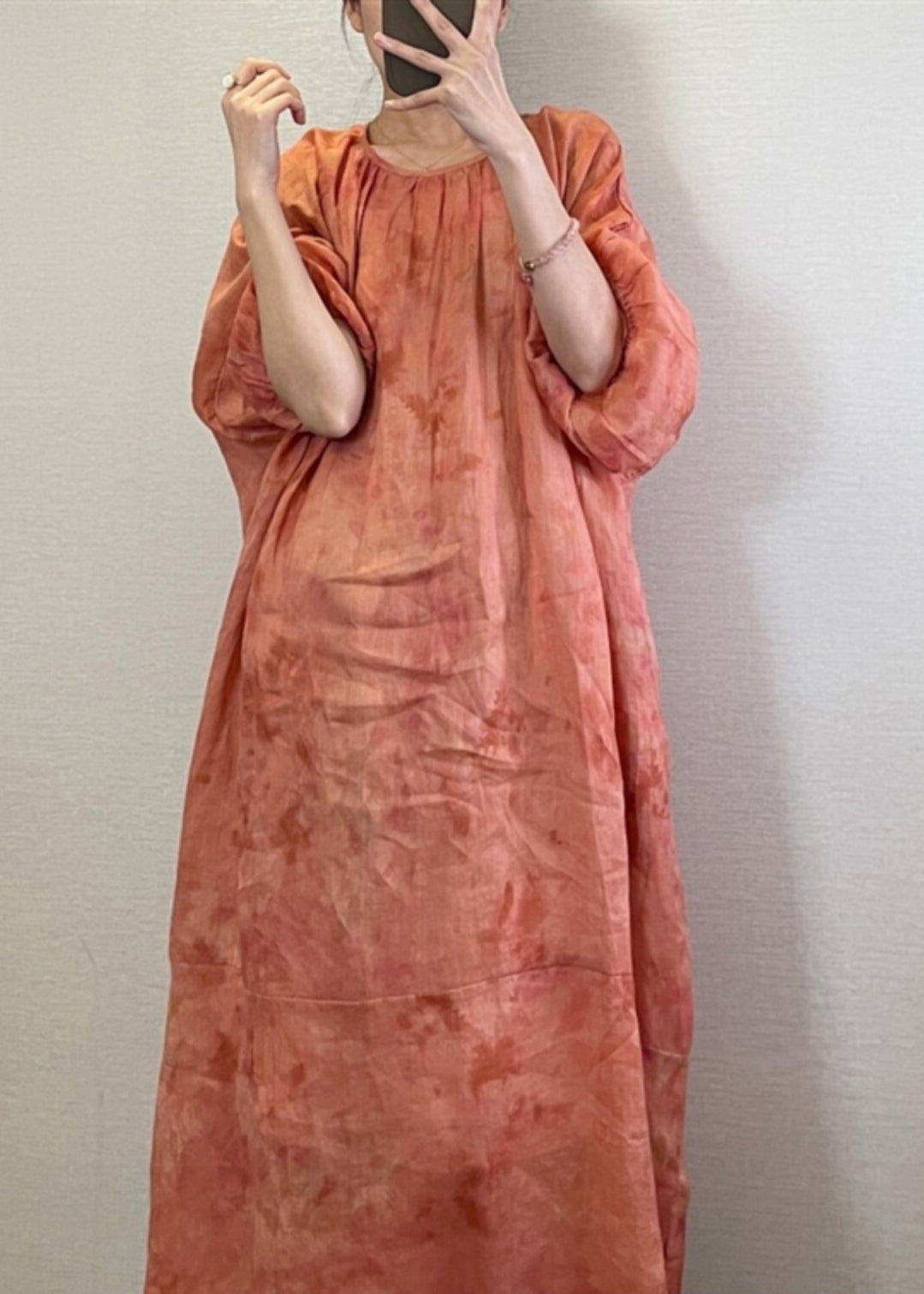 Natural Orange O-neck Tie Dye Maxi Dress Lantern Sleeve