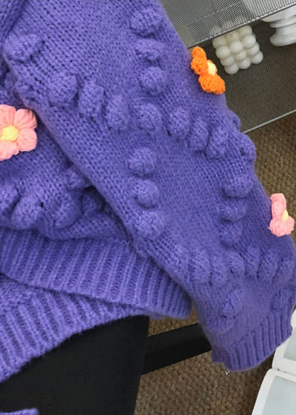 Purple Patchwork Knit Cardigan O Neck Button Fall