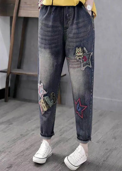 Blue Embroideried Pockets Patchwork High Waist Denim Pants Spring
