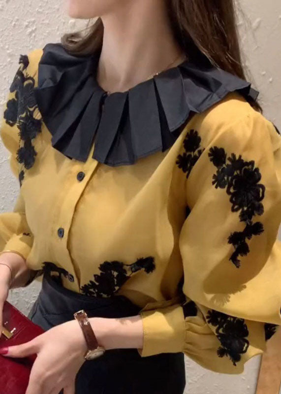 Loose Yellow Button Lace Patchwork Chiffon Shirts Lantern Sleeve