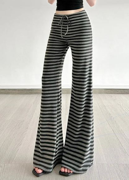 Silm Fit Grey Striped Cotton Bell-bottom Trousers Fall