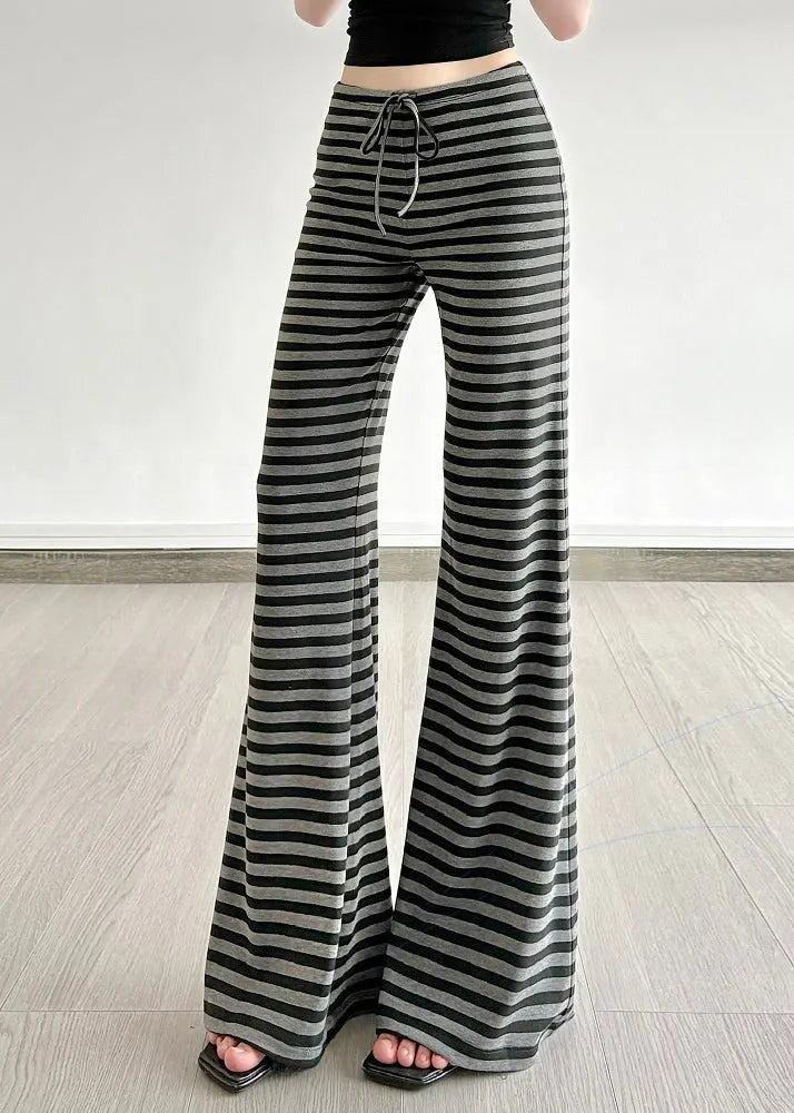 Silm Fit Grey Striped Cotton Bell-bottom Trousers Fall