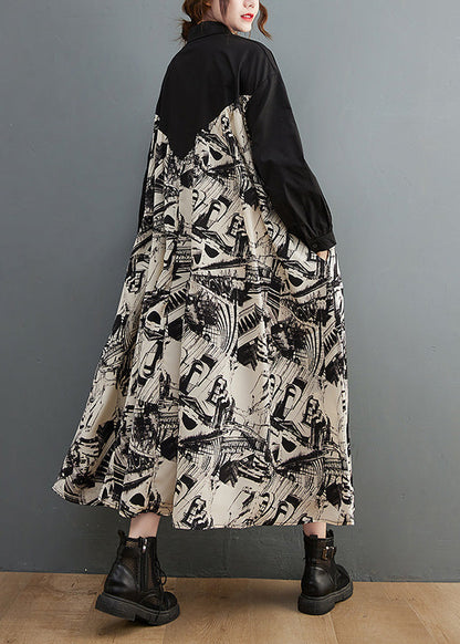 Black Peter Pan Collar Print Patchwork Button Maxi Dress Long Sleeve