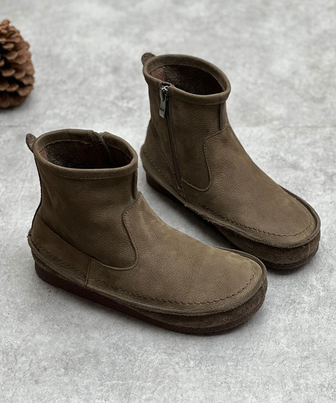 Chocolate Cowhide Leather Boots Zippered Ankle Boots