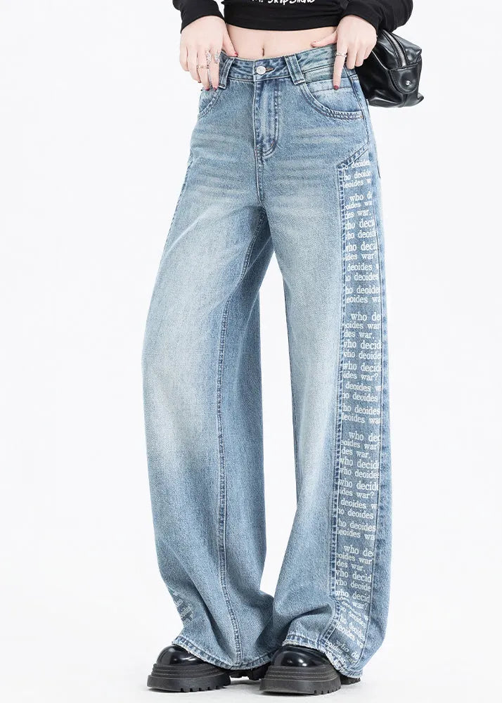 Blue Pockets Print Patchwork Denim Pants Spring