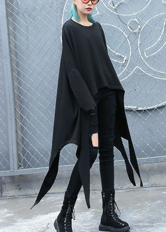 Fitted Black O-neck Asymmetrical Design Loose Fall Long Sleeve Top