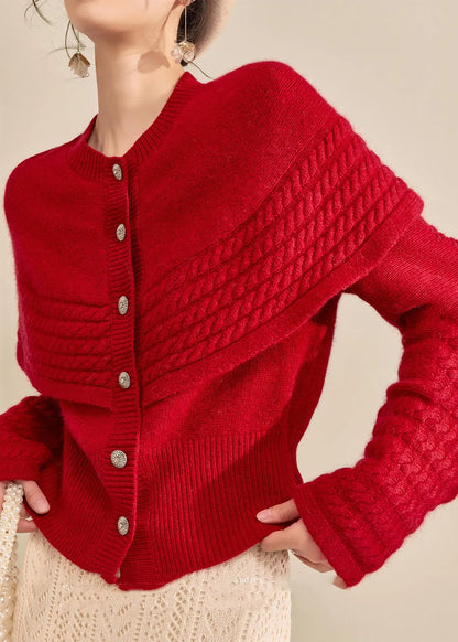 Vogue Red Button Shawl Fake Two Pieces Thick Cotton Knit Sweater Fall