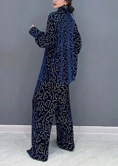 Italian Blue Sequins Tops and Pants Velour Two Piece Suit Set Fall