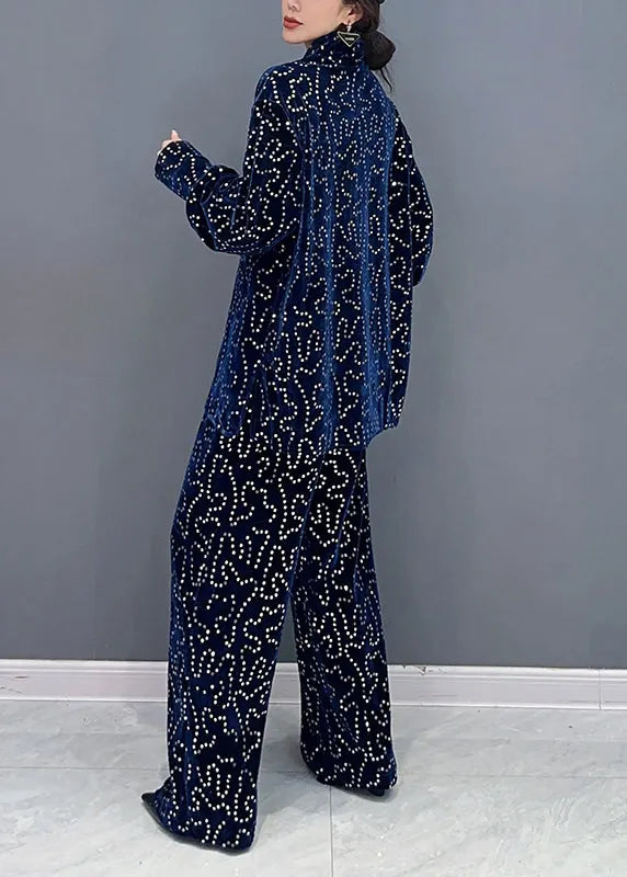 Italian Blue Sequins Tops and Pants Velour Two Piece Suit Set Fall