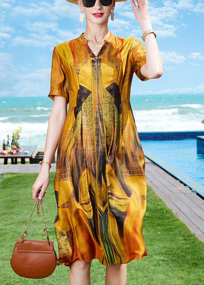 Yellow V Neck Print Draping Silk Holiday Dress Short Sleeve