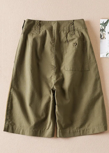 Army Green Pockets High Waist Cotton Shorts Summer