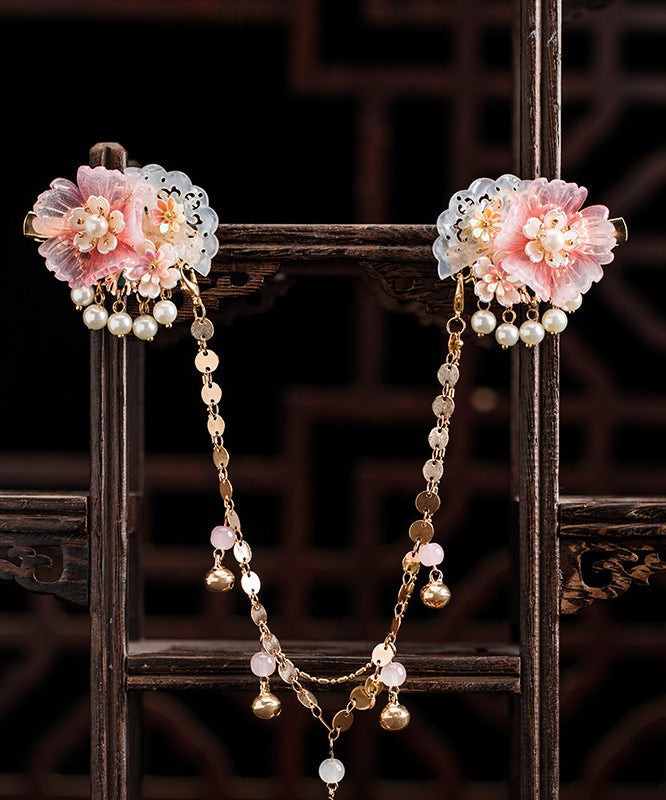 Pink Copper Alloy Pearl Resin Chain Peony Hairpin