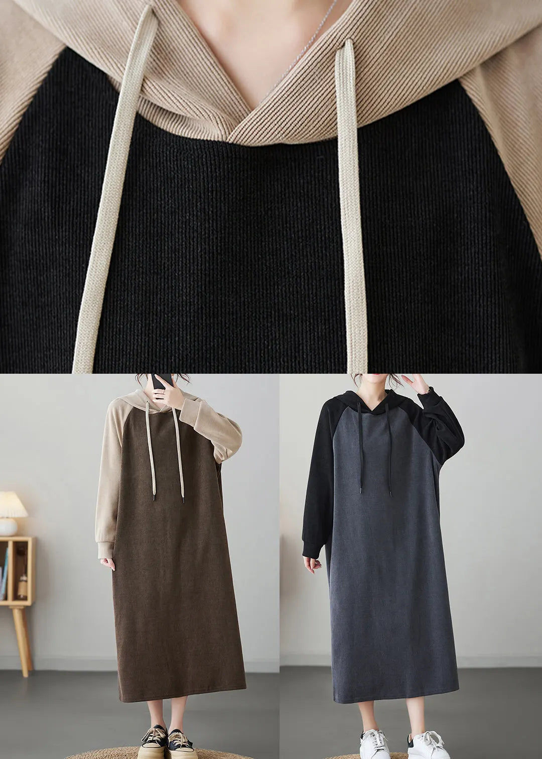 Oversized Coffee Patchwork Long Hooded Dresses Winter
