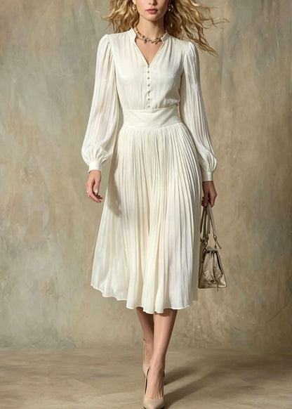 Italian Beige V Neck Button Patchwork Silk Maxi Dresses Lantern Sleeve