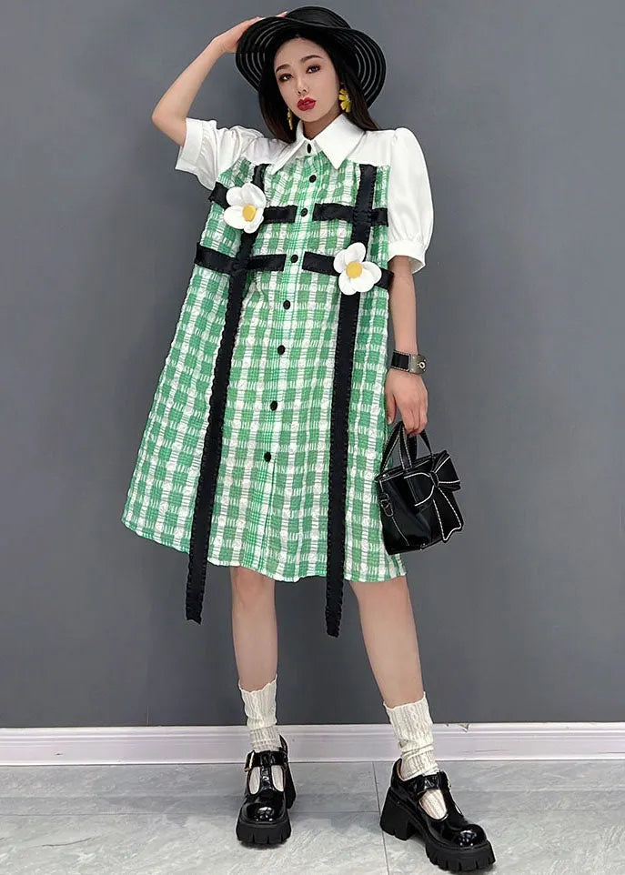 Modern Green Plaid Peter Pan Collar Patchwork Maxi Dress Short Sleeve