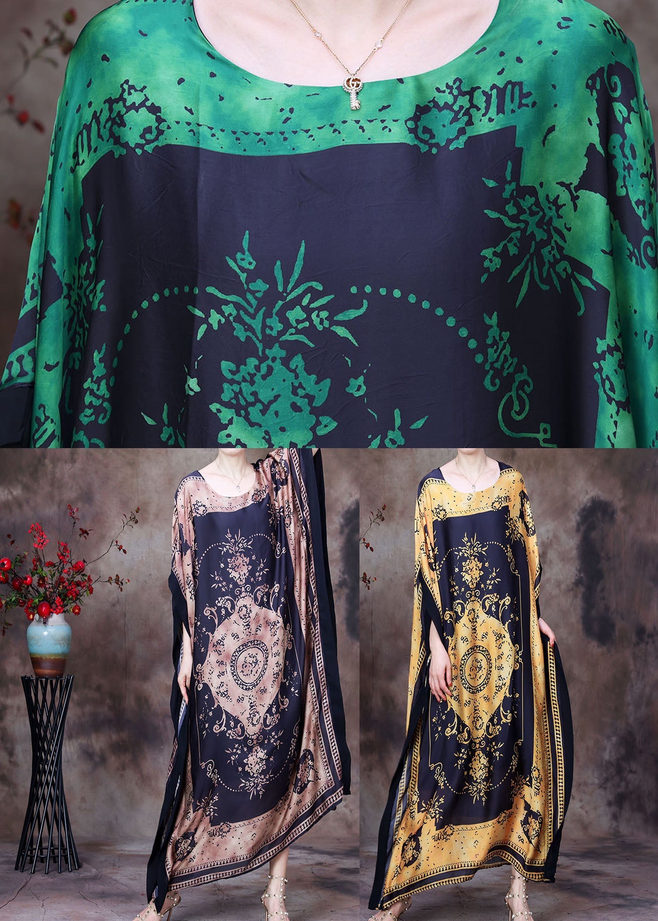 Modern Chocolate O-neck Print Silk Long Dress Gown Batwing Sleeve