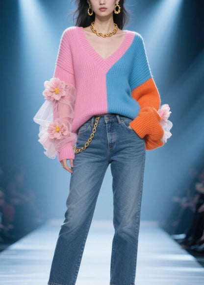 Colorblock V Neck Tulle Patchwork Knit Sweater Fall