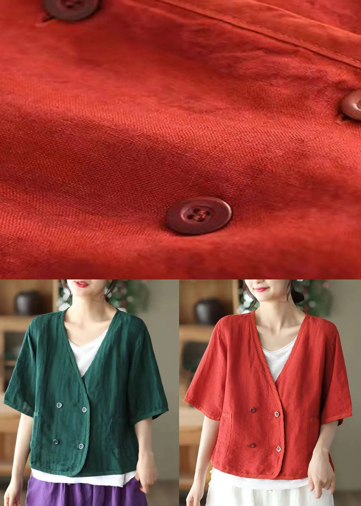 Red V Neck Double Breast Linen Cardigan Summer