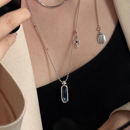 Sterling Silver Blue Round Bead Cross Pendant Necklace