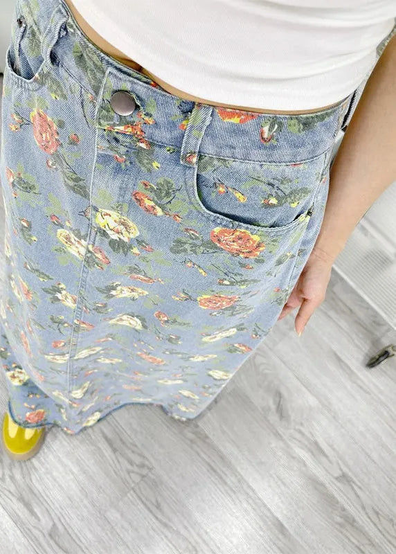 Light Blue Flower Print Denim a Line Skirts Fall
