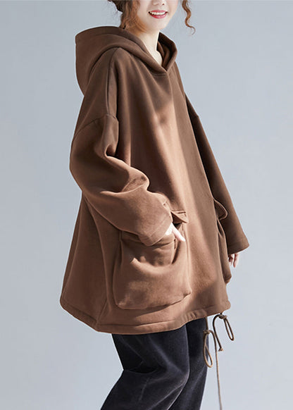 Chocolate Colour Pockets Drawstring Cotton Hooded Pullover Long Sleeve