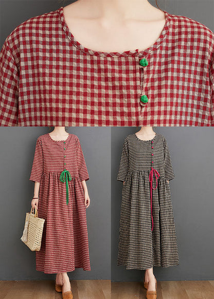 Black Plaid Pockets Linen Vacation Dresses Wrinkled Three Quarter Sleeve