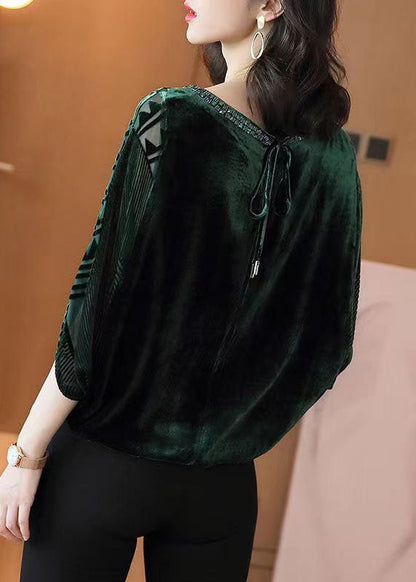 Blackish Green Zircon Patchwork Silk Velour Top Batwing Sleeve