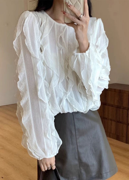 White Ruffled Knit Top Long Sleeve