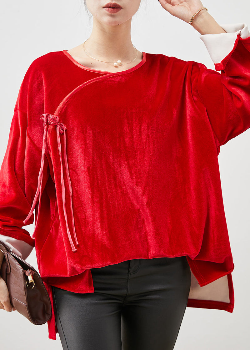 Red Oversized Bow Silk Velour Shirt Tops Spring