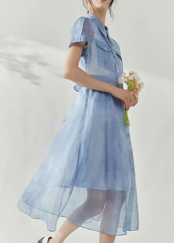 Stylish Blue Peter Pan Collar Button Tulle Shirts and Maxi Skirts Two Piece Set Summer