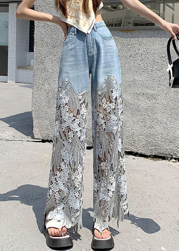 Blue Hollow Out Lace Patchwork Denim Pants Summer