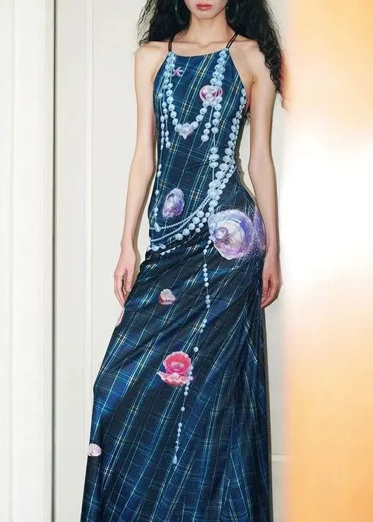 Style Navy Backless Print Silk Spaghetti Strap Dress Summer