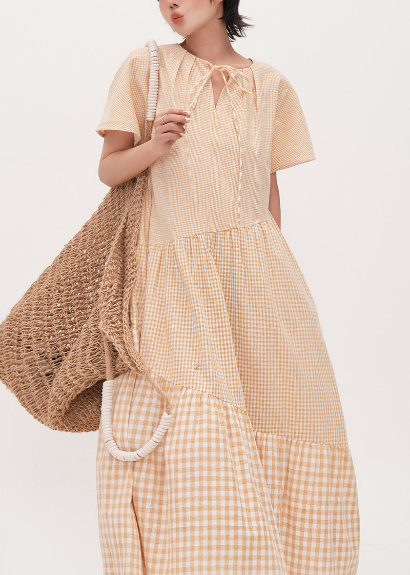 Beige Oversized Patchwork Plaid Cotton Dresses Summer