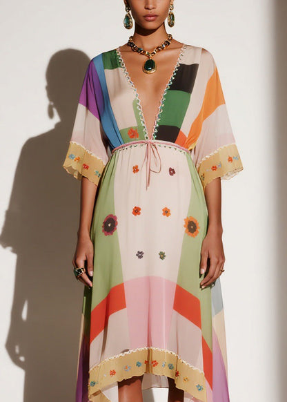 V Neck Print Asymmetrical Chiffon Long Dresses Summer