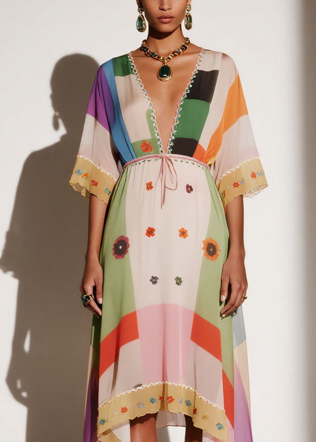 V Neck Print Asymmetrical Chiffon Long Dresses Summer