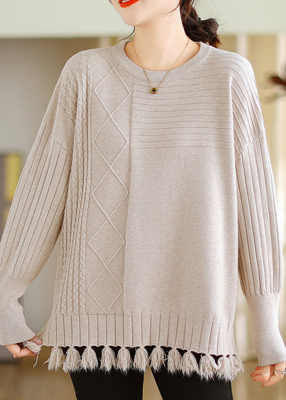 Beige O-neck Tasseled Cotton Knit Tops Long Sleeve
