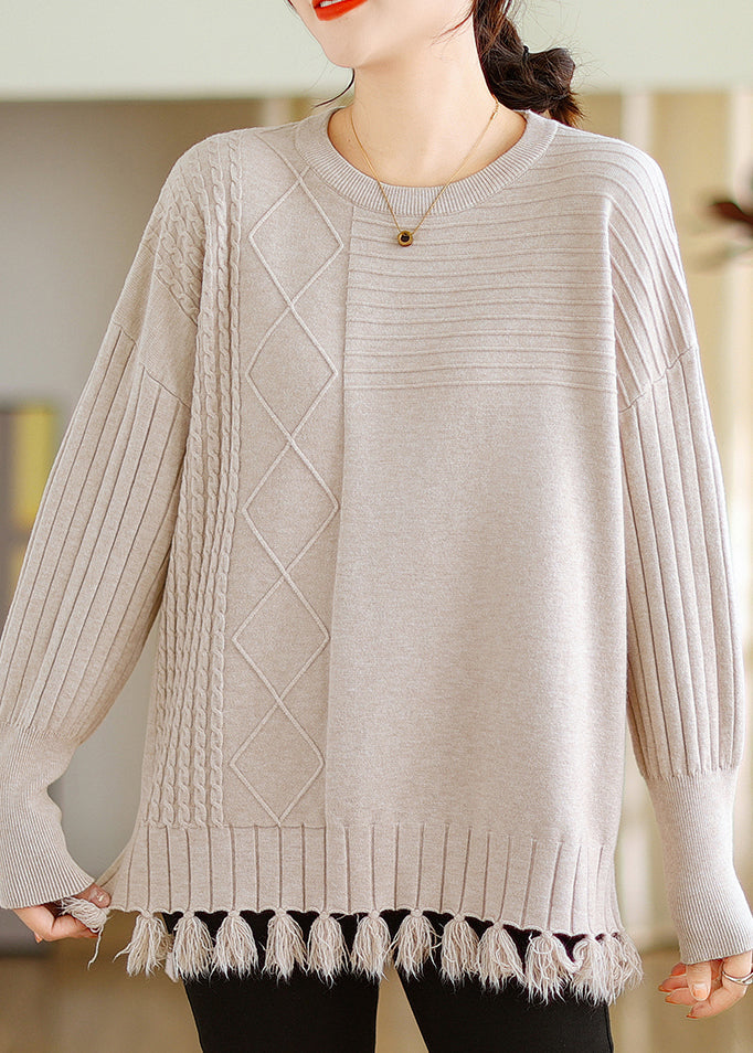 Beige O-neck Tasseled Cotton Knit Tops Long Sleeve