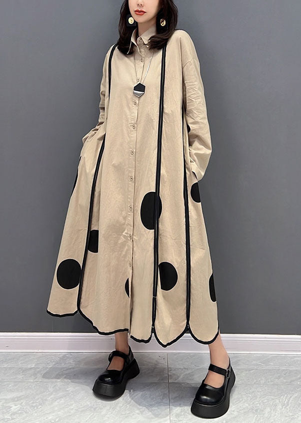 Khaki Peter Pan Collar Patchwork Dot Print Cotton Vacation Dresses Fall