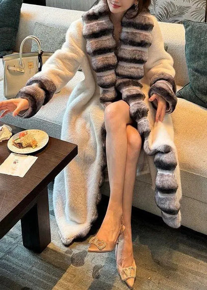 French Beige Peter Pan Collar Totoro Patchwork Leather and Fur Long Coat Winter