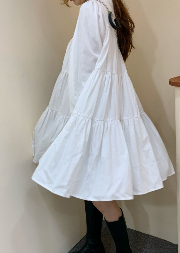 White V Neck Patchwork Wrinkled Cotton Dress Long Sleeve