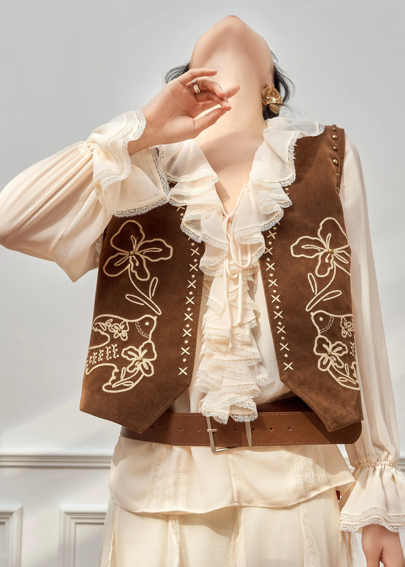 Ruffled Print Waistcoat and Chiffon Shirt Two Pieces Set Flare Sleeve