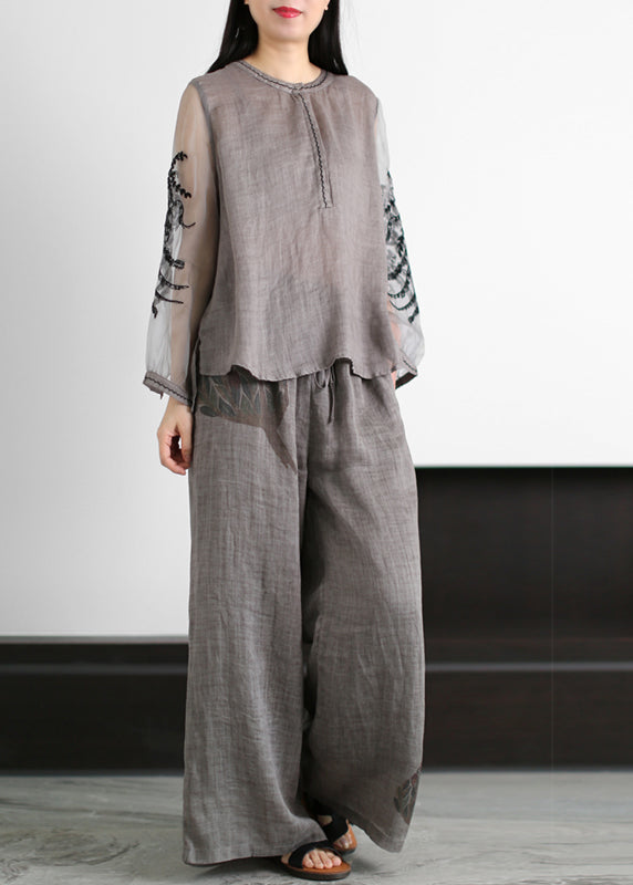 Boutique Grey O-neck Embroideried Tulle Patchwork Linen Two Piece Set Clothing Summer