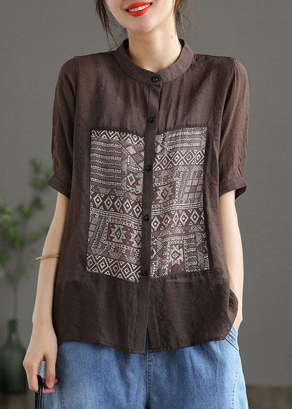 Coffee Stand Collar Print Patchwork Cotton Top Short Sleeve