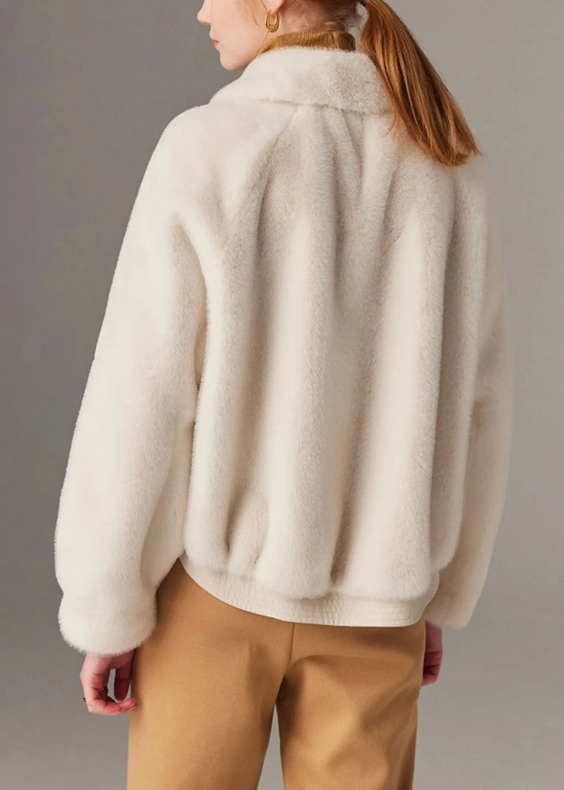 White Pockets Faux Leather Patchwork Mink Hair Coat Peter Pan Collar