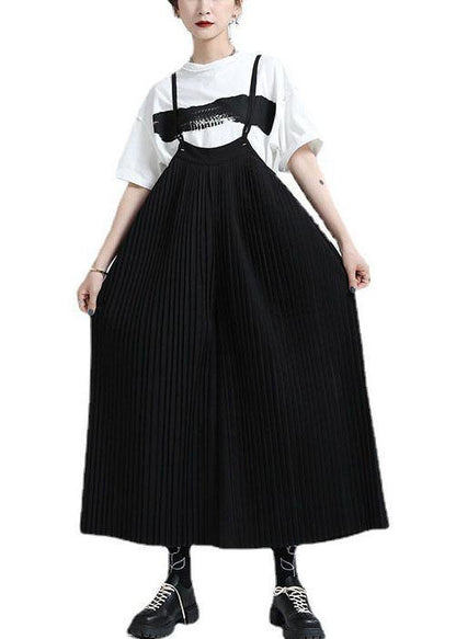 Black High Waist Wrinkled Wide Leg Summer Jumpsuit
